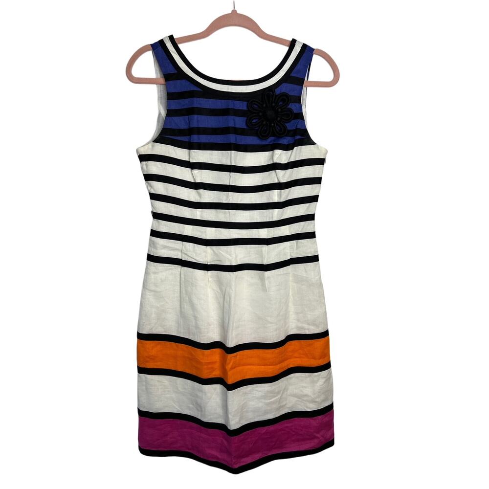 Rene Derhy White Black Linen Striped Sleeveless Sheath Midi Dress Size S